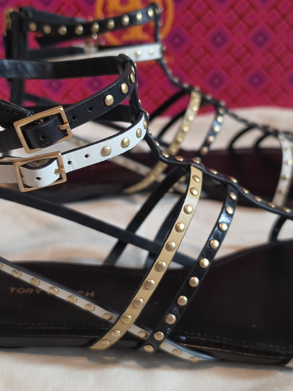 Tory Burch Black Leather Studded Gladiator Sandals - Picture 4 of 14